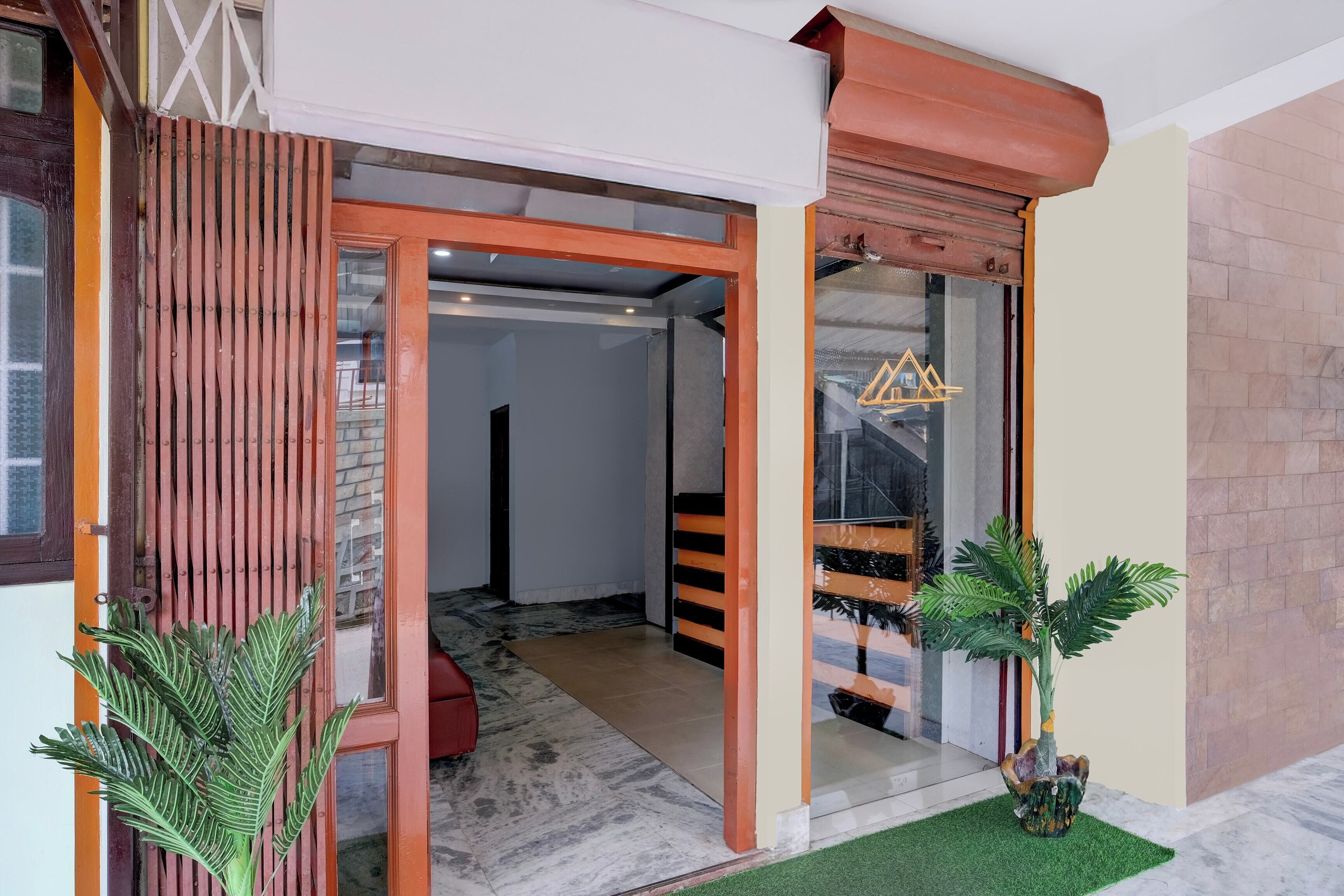 A modern entrance with a glass door, a wooden door, and a small green plant.