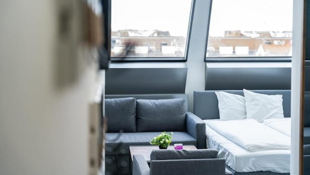 Una habitación moderna con una cama, un sofá y una pequeña mesa con una planta.
