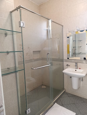 Ducha con cerramiento de vidrio y puerta de cristal con manija de metal.