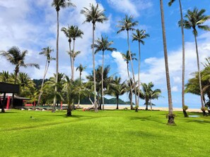 A beach with palm trees, a grassy area, and a building with a red roof.