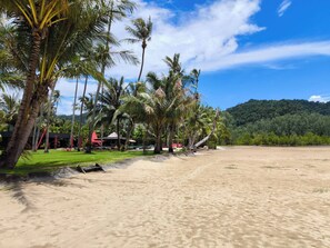 Una playa con palmeras y cielo despejado.