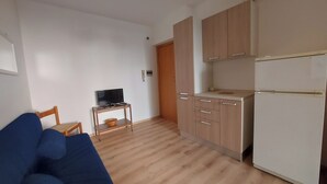 A compact living space with a kitchenette, a sofa, a television on a stand, and a wooden door. - APARAMENT 30MT FROM THE BEACH WITH TERRACE AND PARKING (San Vincenzo)