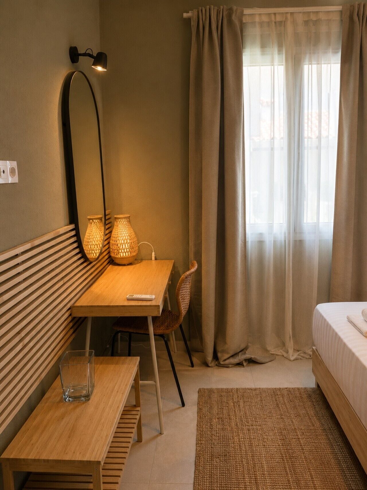 Ein Hotelzimmer mit einem Holztisch, einem Stuhl, einem Bett, einem großen Spiegel und einem Fenster mit Vorhängen.