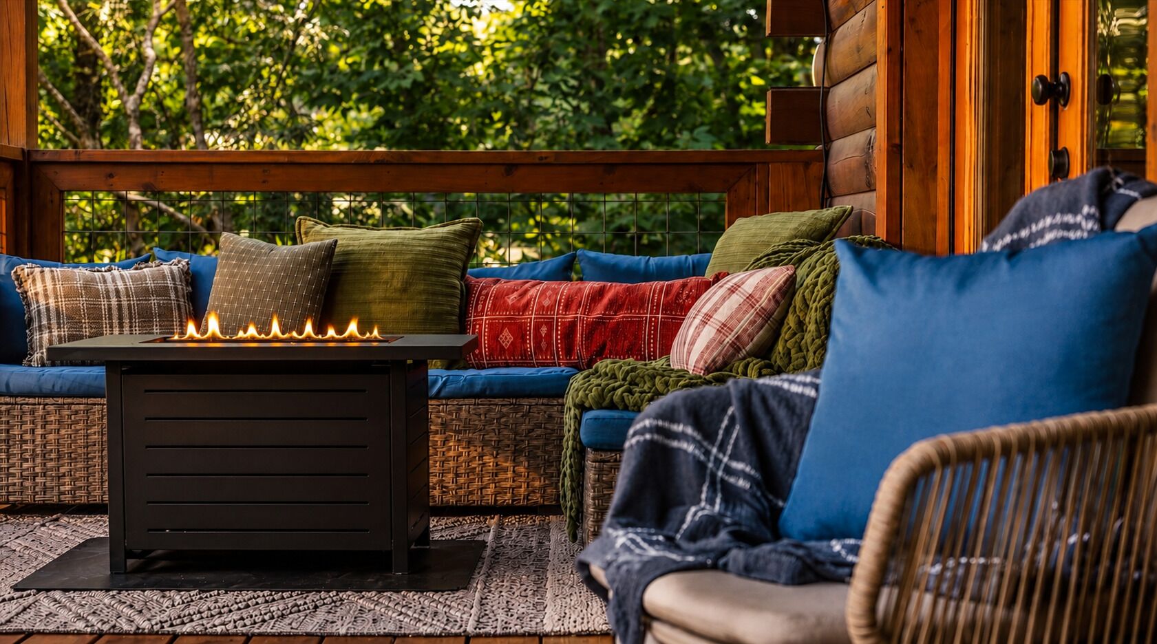 Un espace extérieur accueillant, aménagé avec un foyer, des meubles en osier et une terrasse en bois.