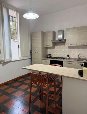 Cafetera o tetera, frigorífico, horno y placa de cocina