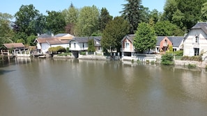 Zona residencial junto al lago, con casas a la orilla del agua, senderos de piedra y abundante vegetación.