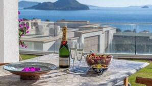 A table with a bottle of Moët & Chandon champagne, two glasses, and a bowl of strawberries on a terrace overlooking the sea. - Villa Matie Bodrum Views (Bodrum)