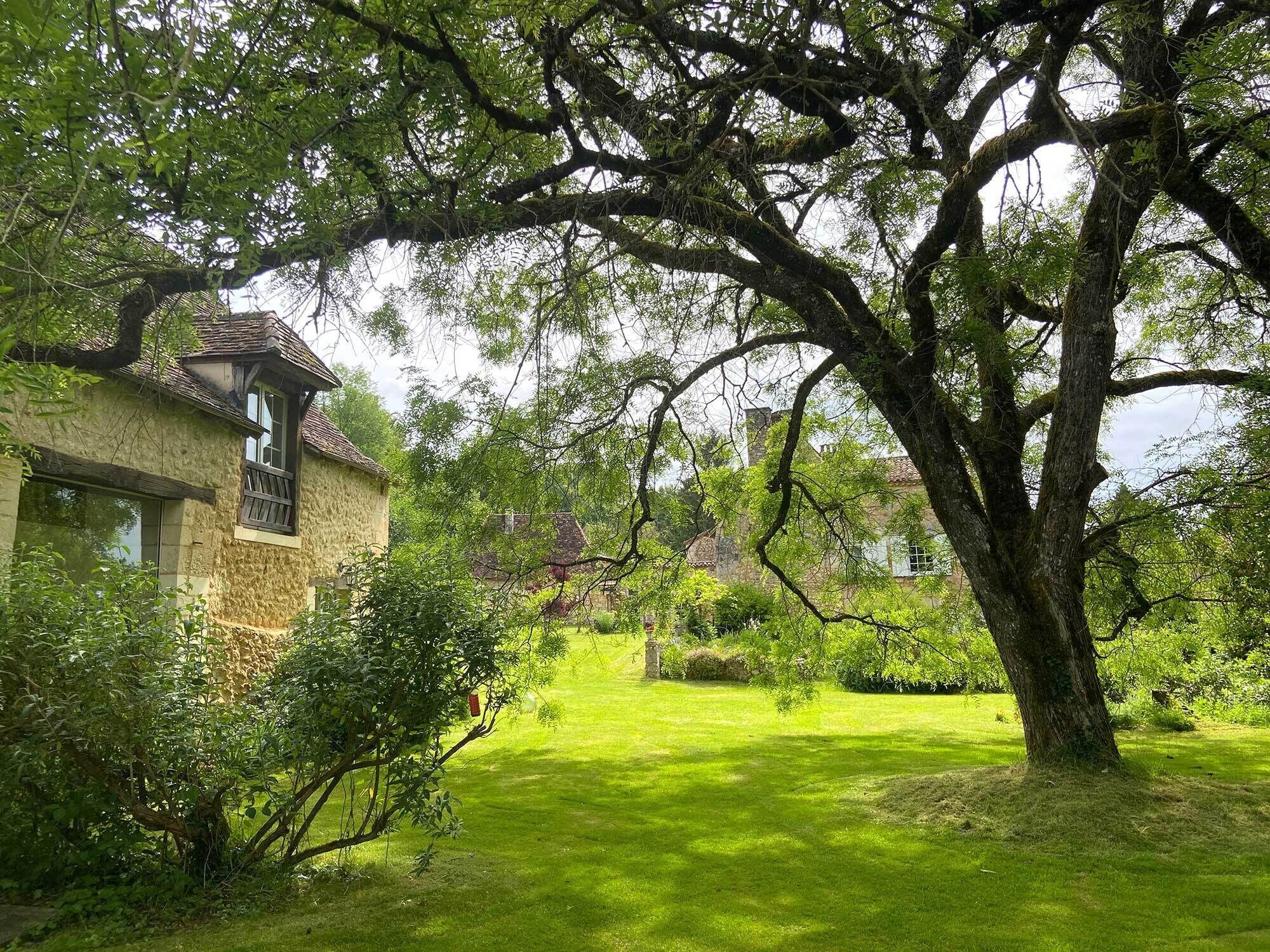 A stone building with a large tree in front.