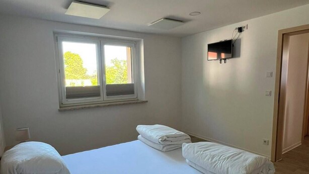A bedroom with a large bed, two pillows, a window, a wall-mounted TV, and a door.