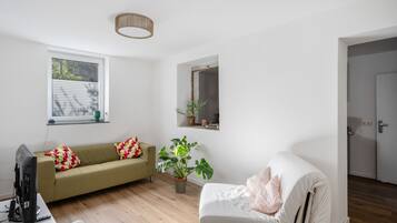 Un salon comprenant un canapé, un fauteuil, un téléviseur, une plante en pot et une fenêtre avec des stores.