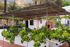 A vineyard with a pergola structure, a brick oven, and a white building with a black door. - Holiday house Casa Argelio (Vallehermoso)