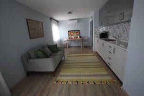 A compact living space with a sofa, a dining table, and a kitchen area.