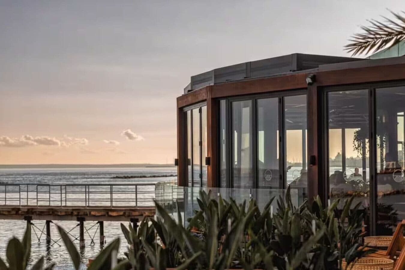A modern building with large glass windows, a view of the ocean, and outdoor seating with plants.