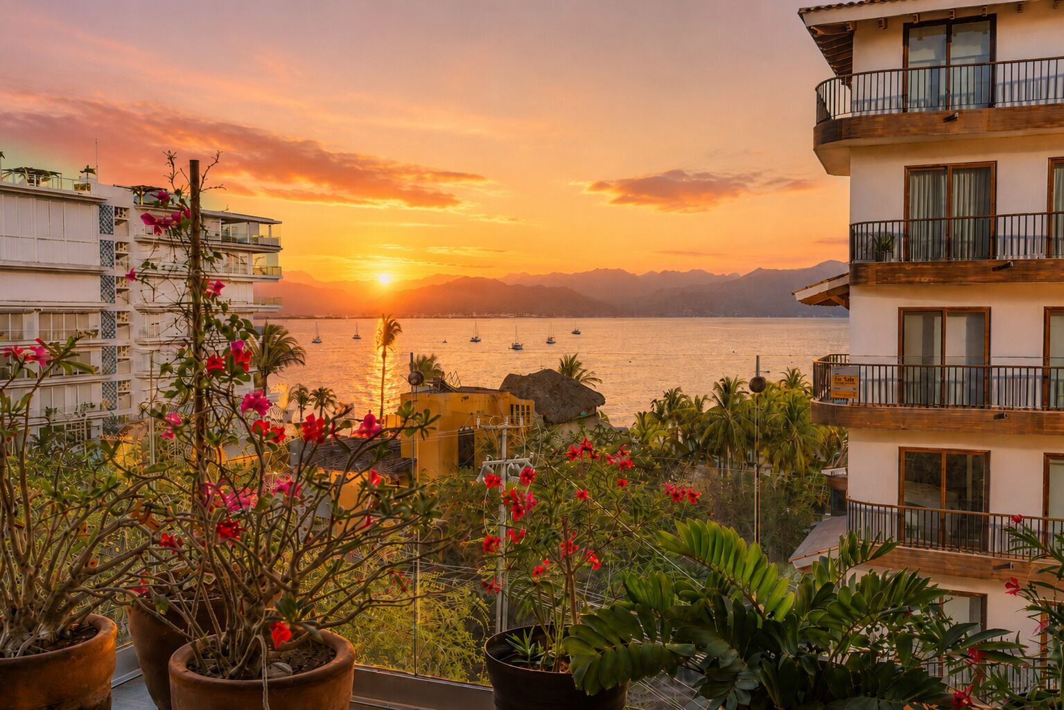 Vista costera con un atardecer, un balcón con plantas en macetas y un edificio con balcón.