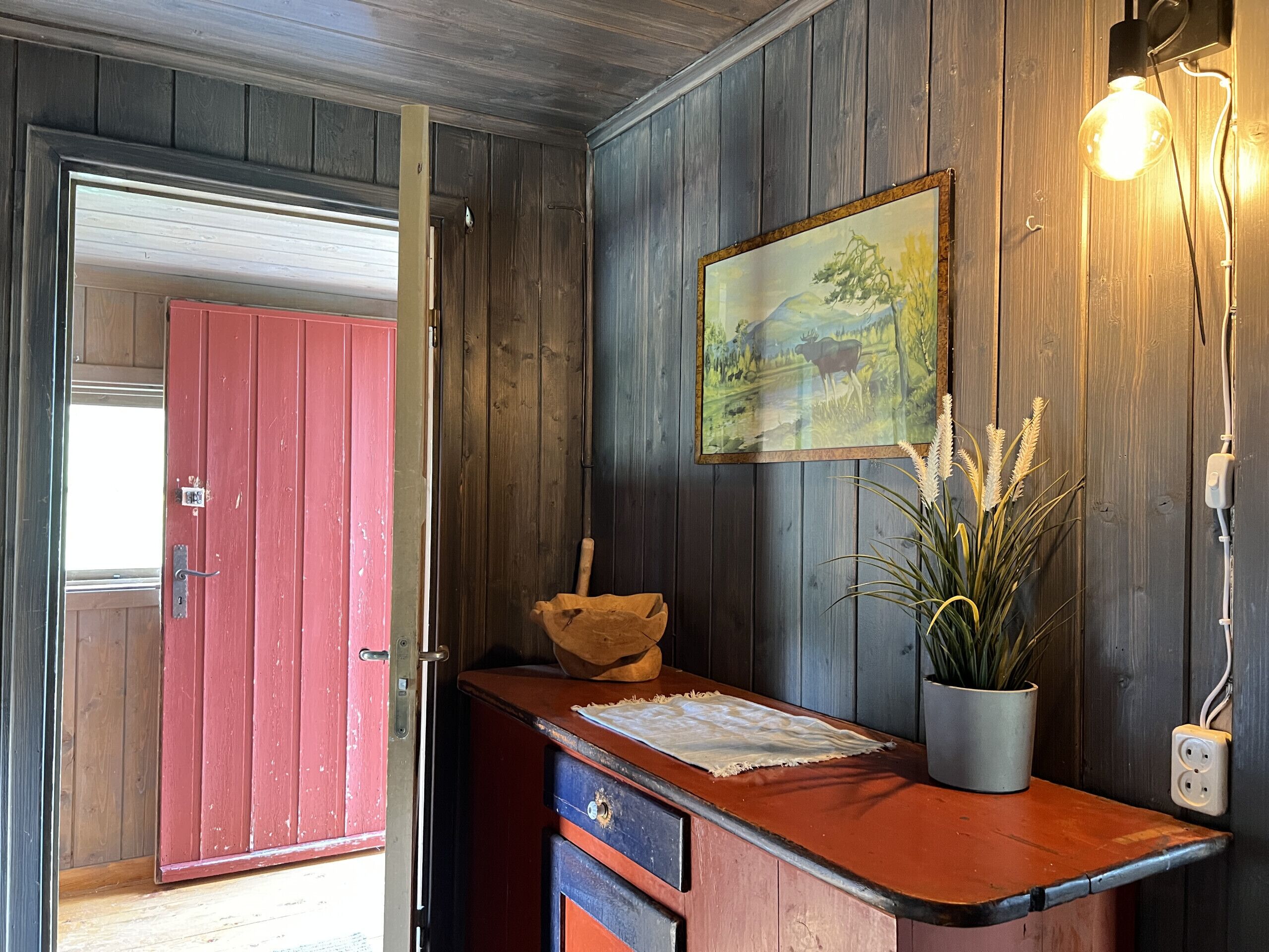 A wooden interior with a red door, a framed painting, a plant, and a light fixture.