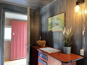 A wooden interior with a red door, a framed painting, a plant, and a light fixture. - A Charming Off-Grid Cabin – Close to Nature in Hemsedal (Hemsedal)