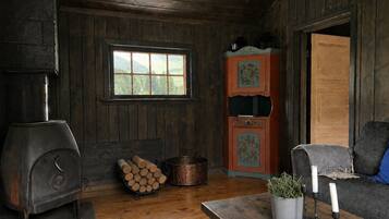 Interior rústico de una cabaña con estufa de leña, ventana con vistas, un armario de madera y un rincón de estar acogedor.