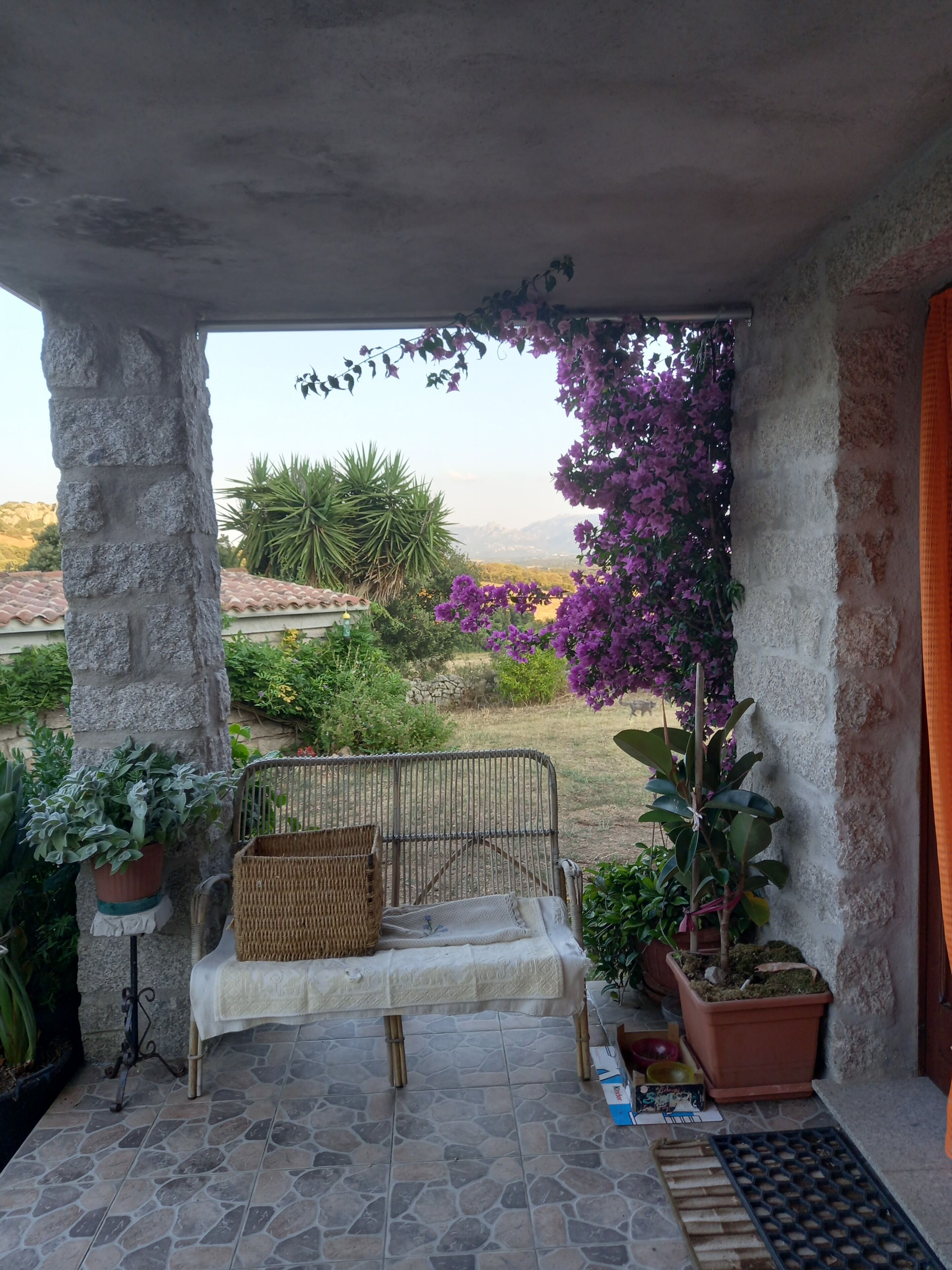 Un espacio de estar al aire libre techado, con pared de piedra, banca y plantas en macetas.