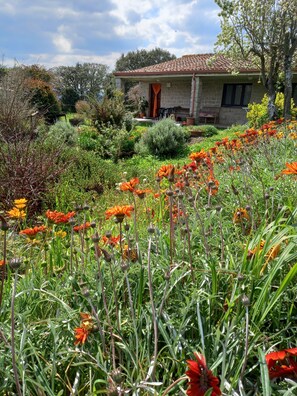 Ein Garten mit bunten Blumen und ein Haus mit Ziegeldach.