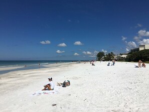 A beach with people sunbathing, a clear sky, and a building in the background. - Gertrude's Siesta | Bayview Unit, Near Beach, Private Patio, Heated Pool, Pickle,Tennis! (Siesta Key)