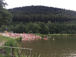 Zona junto al lago con gente nadando y tomando el sol, rodeada de un bosque frondoso y una colina al fondo.