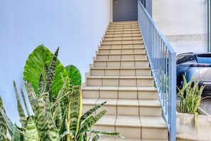 Eine Treppe führt zu einer Tür, begleitet von großen, grünen Pflanzen.