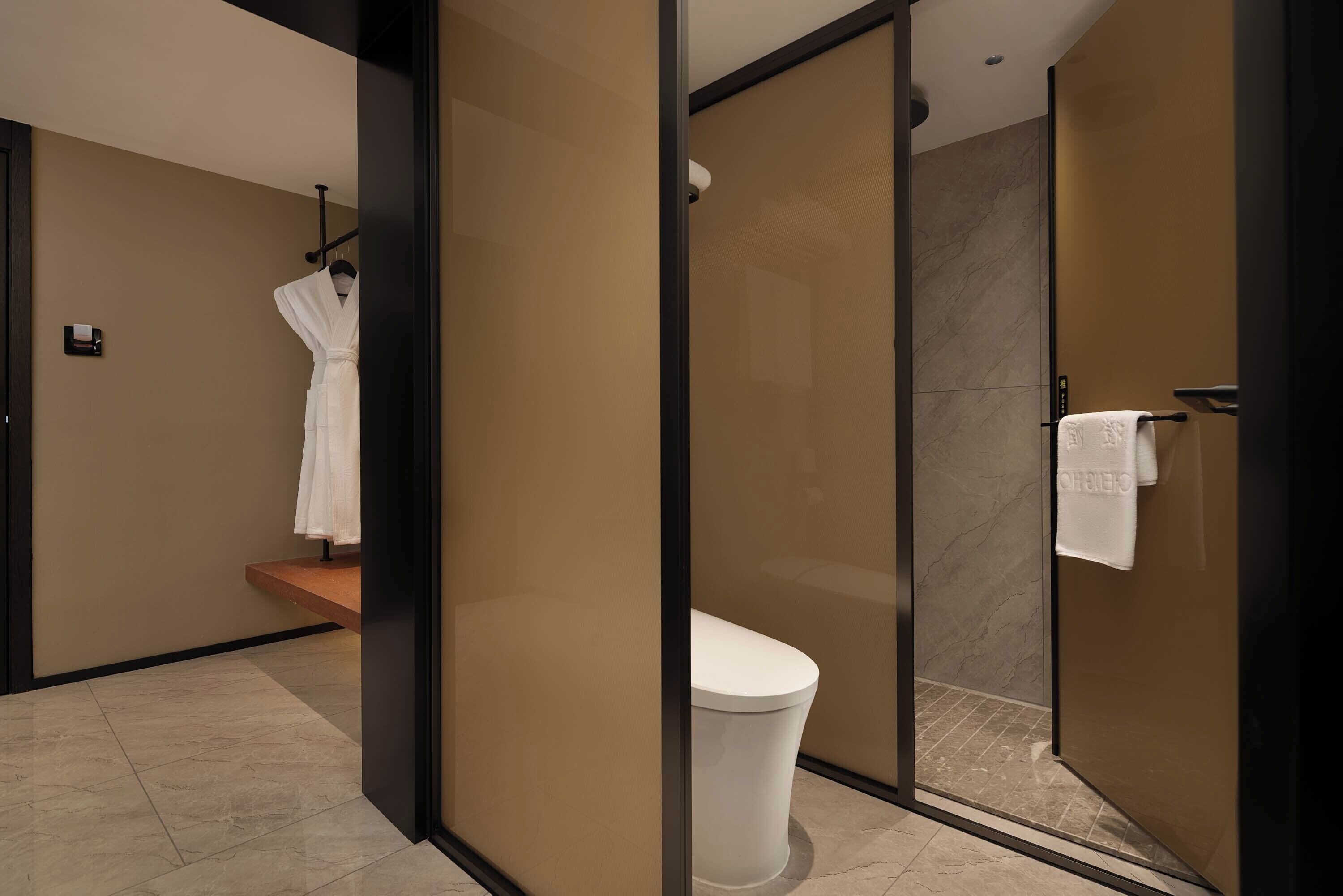 A modern bathroom with a glass shower enclosure, a toilet, and a robe hanging on a rack.