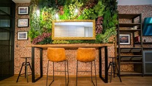 A bar area with a brick wall, a mirror, two bar stools, and a green plant wall. - Fabulous new home just a stone's throw from Plaza España (Valencia)