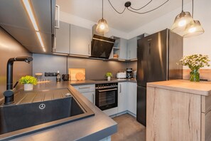 Eine moderne Küche mit Edelstahlgeräten, inklusive Backofen und Spüle. Über der Arbeitsfläche hängen Pendelleuchten, und auf der Arbeitsplatte steht eine kleine Pflanze.