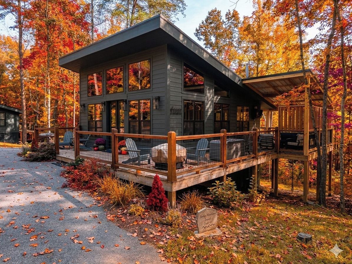 A cabin with a deck, surrounded by autumn foliage.