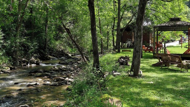 Un área boscosa con un arroyo, mesas de picnic y un pabellón.
