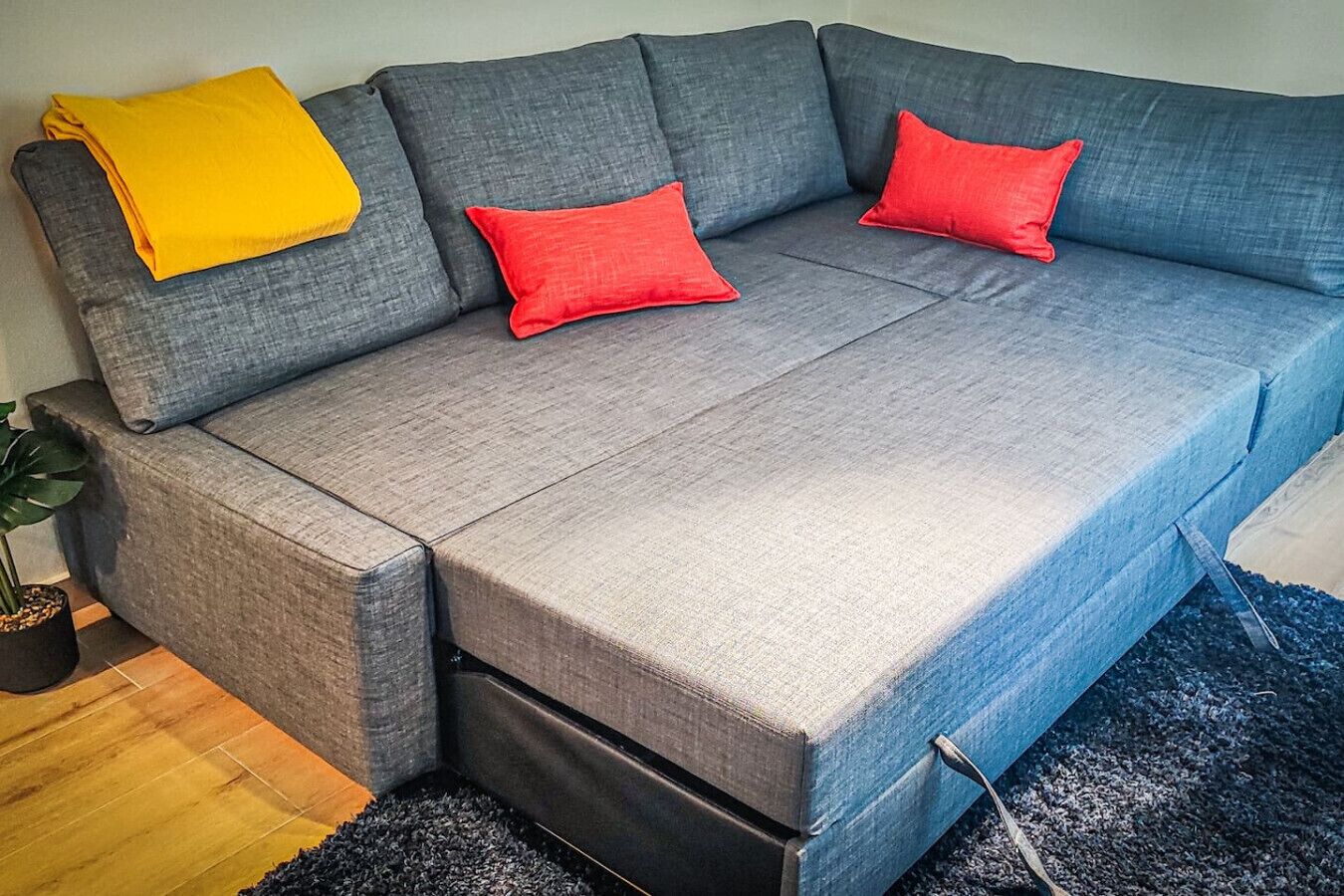 Ein graues Sofa mit roten und gelben Kissen, eine schwarze Stehlampe und ein Blumentopf.