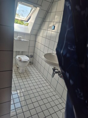 Un bagno con il water, un lavandino e una finestra.