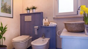 Ein Badezimmer mit Toilette, Bidet, Waschbecken und Ablage für Pflegeprodukte.