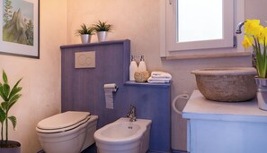 Ein Badezimmer mit Toilette, Bidet, Waschbecken und Ablage für Pflegeprodukte.