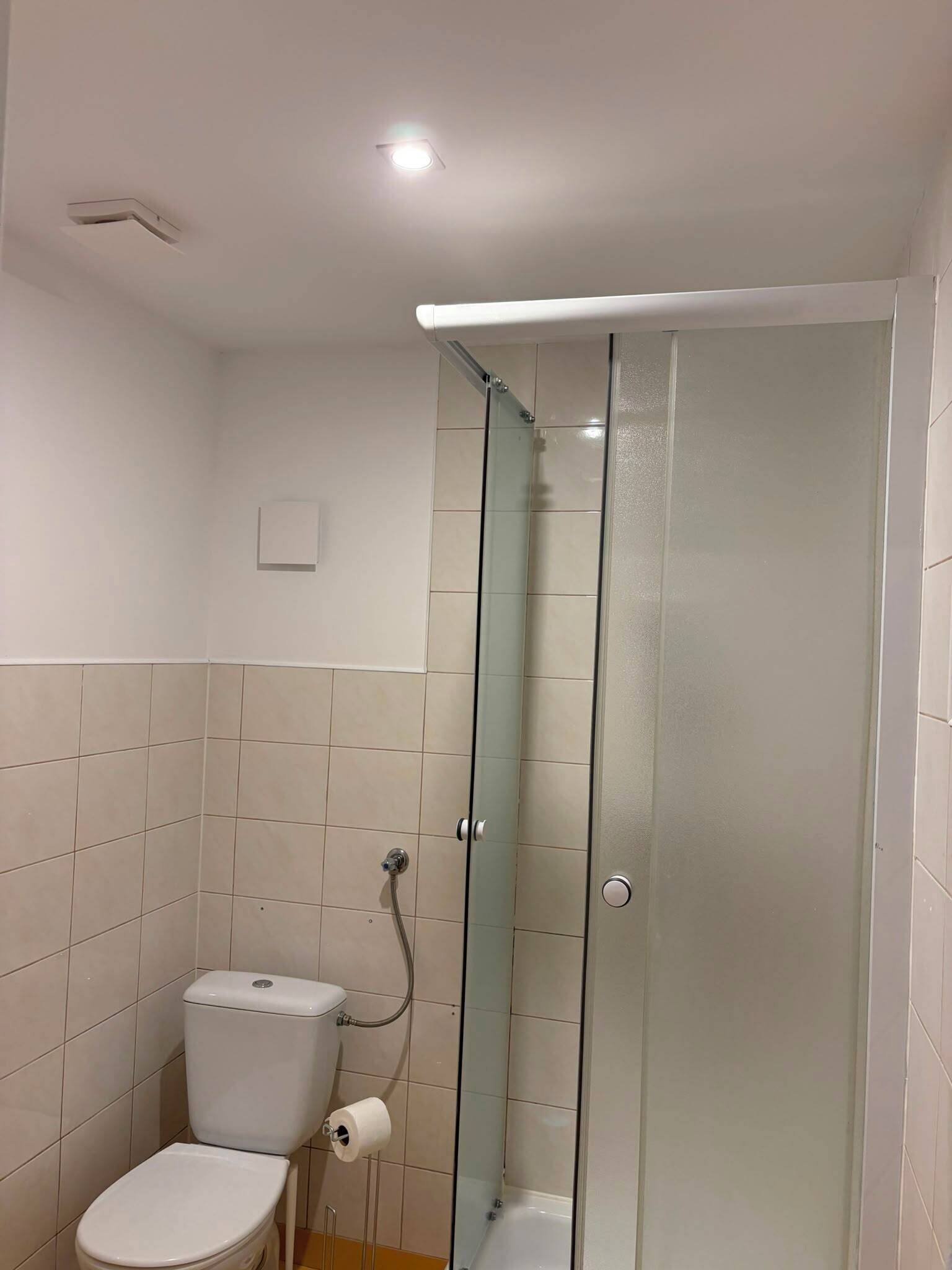 Ein Badezimmer mit Toilette, einer Duschkabine aus Glas und einer Deckenleuchte.