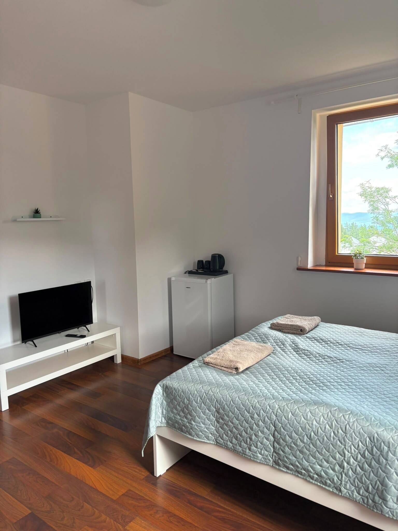 A bedroom with a bed, a TV on a stand, a small fridge, and a window with a view.