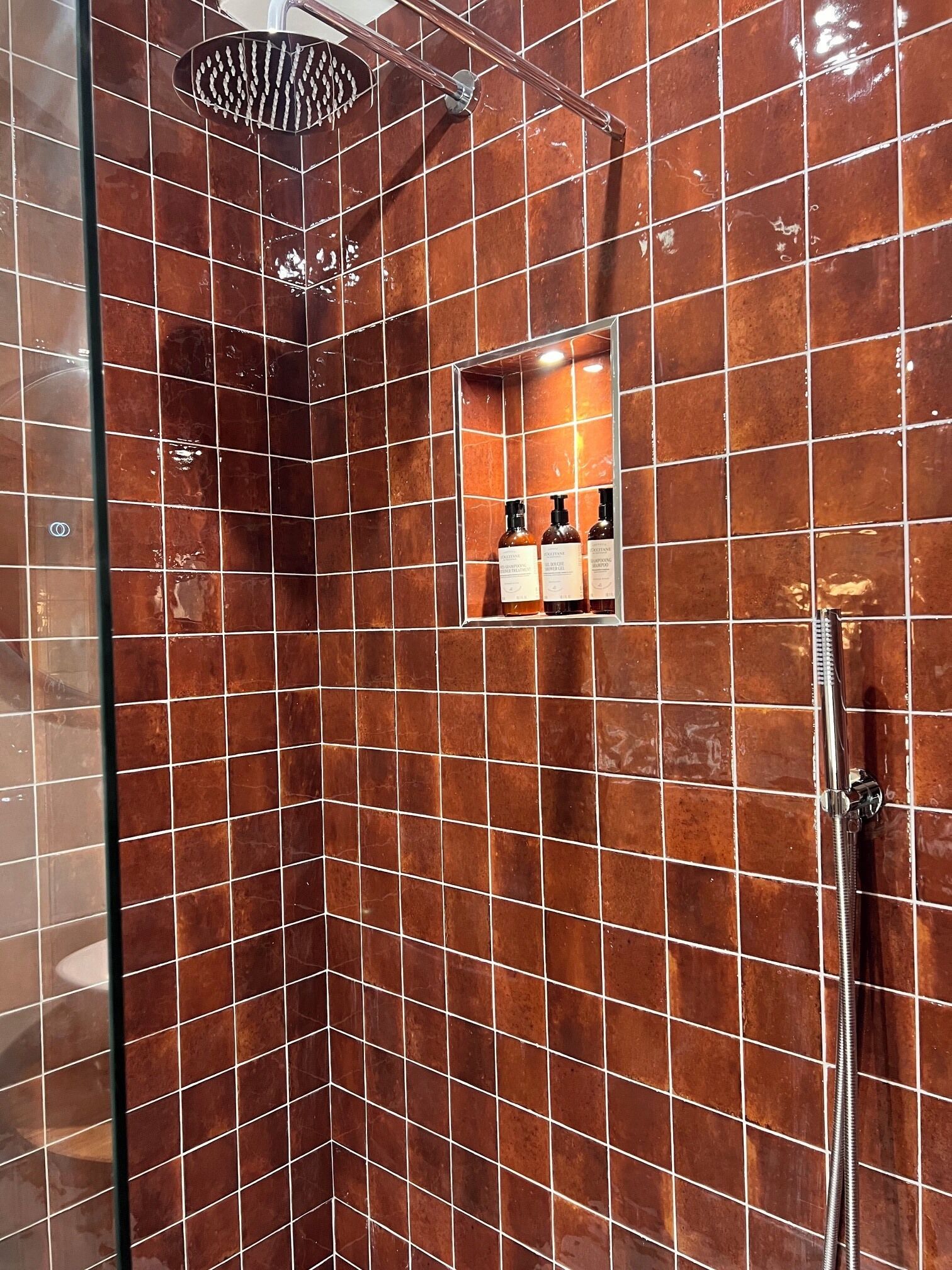 Douchegedeelte met een glazen deur, een handdouche en een shampooadvieser aan de muur.