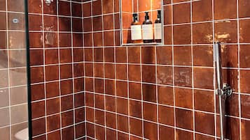 Douchegedeelte met een glazen deur, een handdouche en een shampooadvieser aan de muur.