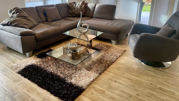 Ein modernes Wohnzimmer mit einem Ecksofa, einem Glastisch und einem flauschigen Teppich.