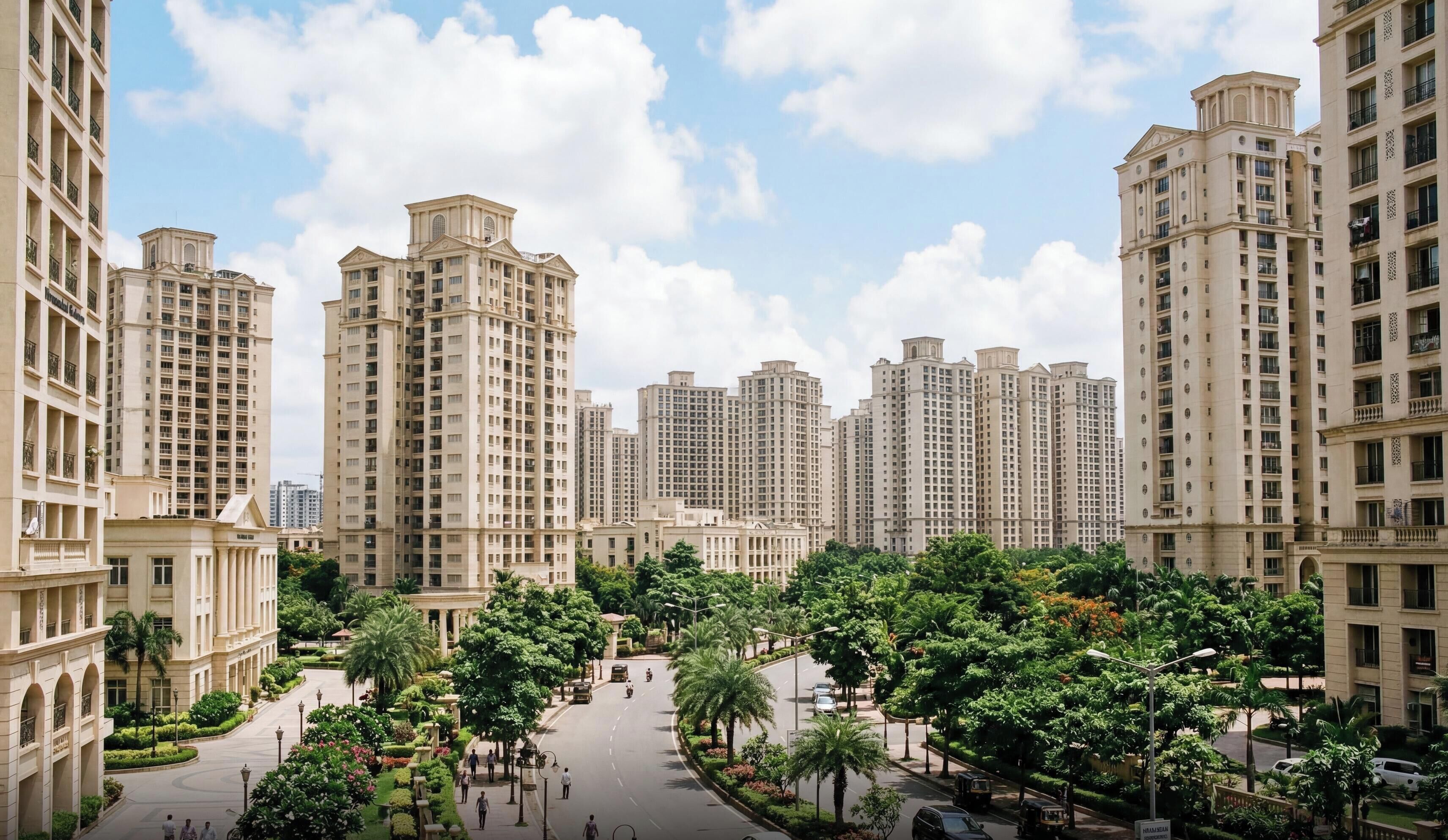 Un quartier résidentiel composé d’immeubles d’habitation à étages élevés, d’une rue principale et d’espaces verts environnants.