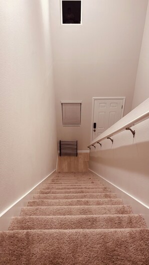 Eine Teppichstufen Treppe mit Handlauf, einer Tür und einem Fenster mit Jalousien.