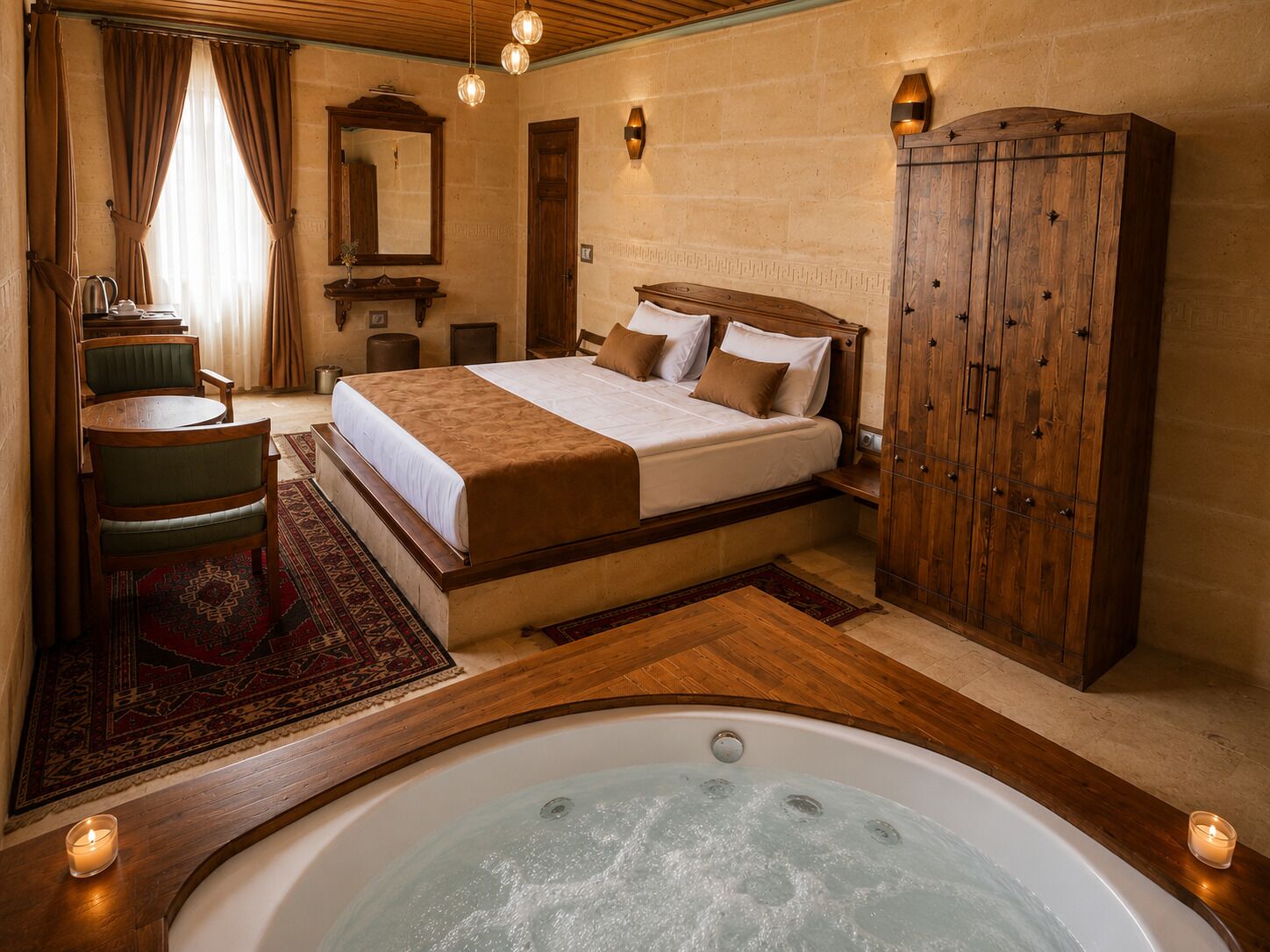 Habitación de hotel con una cama grande, un armario de madera, zona de estar con una silla, una mesita pequeña, baño con lavamanos y espejo, y un jacuzzi.