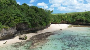 Ein Strand mit klarem Wasser, sandigem Ufer und dichter Vegetation.