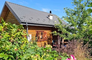 A log cabin with a sloped roof and a chimney, surrounded by lush greenery and flowering plants. - Cosy Cottage — Agrotourism Jizerska Zagroda (Gierczyn)