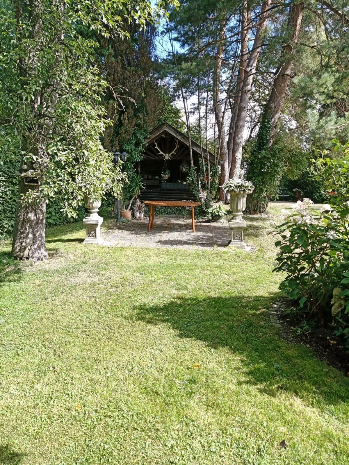 Une structure rustique en bois, agrémentée d’un banc, située dans un jardin luxuriant.