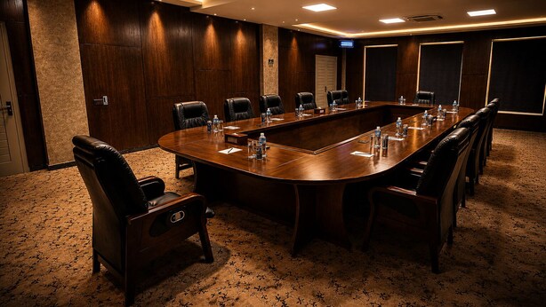 A conference room with a long table, multiple chairs, and a carpeted floor. - Grand Unicorn Club (Islamabad)