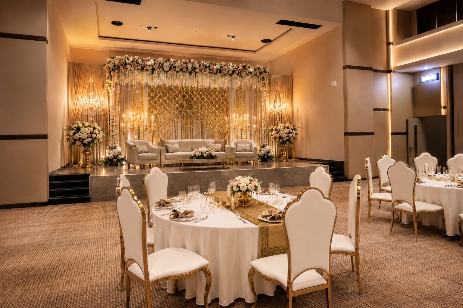 A banquet hall with round tables set for dining, a stage with floral decorations, and a seating area with sofas.