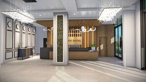 A reception desk with a wooden panel design and a sign that reads 'PIC HOTEL'. - Pacific Hotel (Kigali)