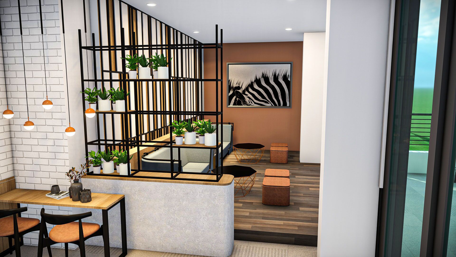 Un intérieur moderne avec une table à manger en bois, des chaises, un canapé, un escalier doté d’une rampe noire et des plantes en pot.